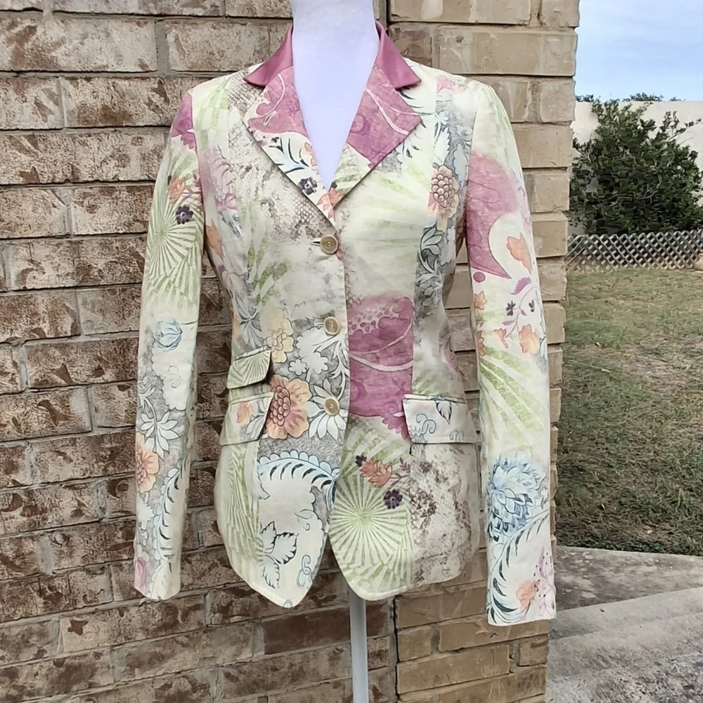 Vintage Etro Milano Floral Print Paisley Linen Blazer Women Size 8US / 44IT - Picture 5 of 16